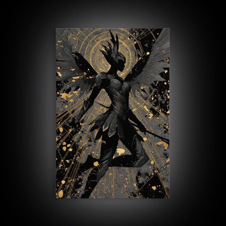 Valkyrie Guardian Canvas Gold Art Canvas Art, Norse Mythology Winged Warrior Wall Decor for Man Cave Dad Gift, real wood frame