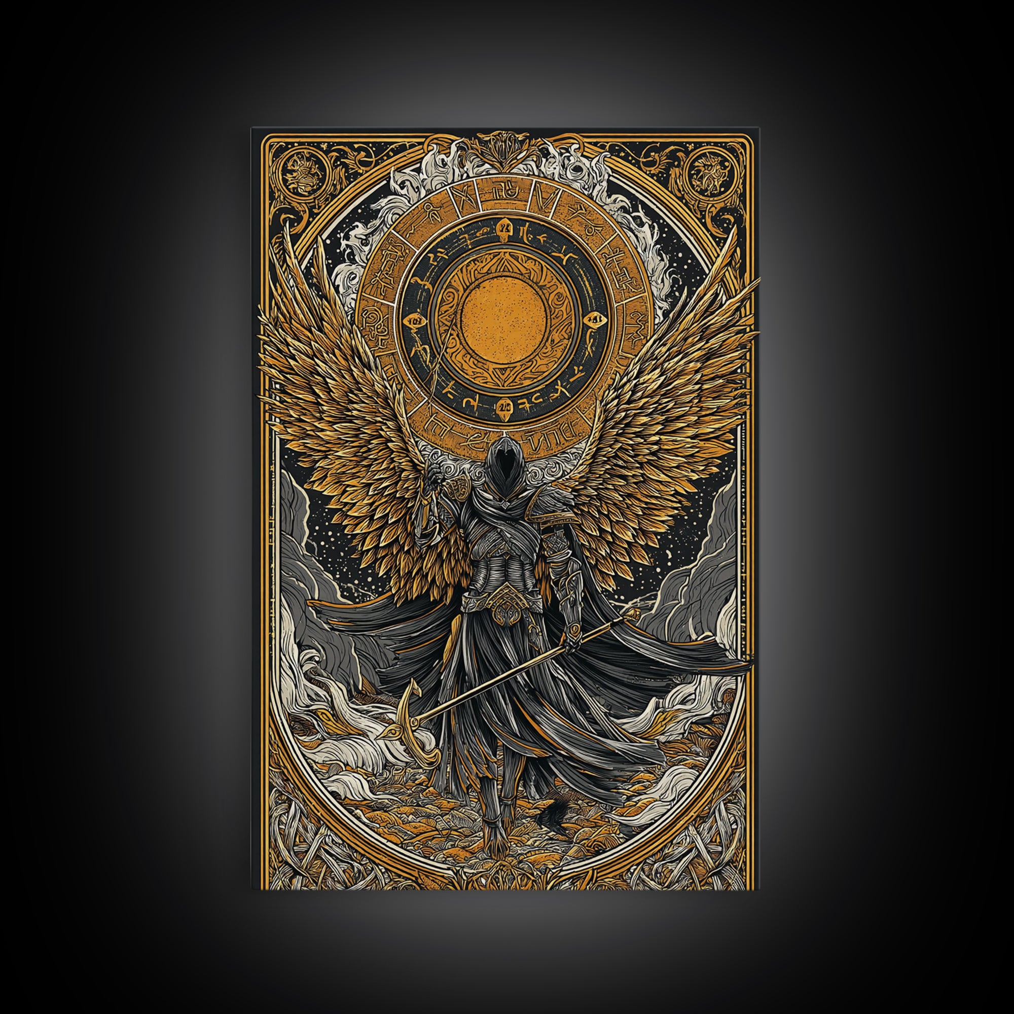 Norse Valkyrie Canvas Gold Art Canvas Art, Nordic Mythology Winged Warrior Goddess Wall Art Office Decor Dad Gift, framed in wood