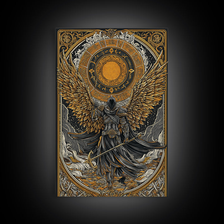 Norse Valkyrie Canvas Gold Art Canvas Art, Nordic Mythology Winged Warrior Goddess Wall Art Office Decor Dad Gift, framed in wood