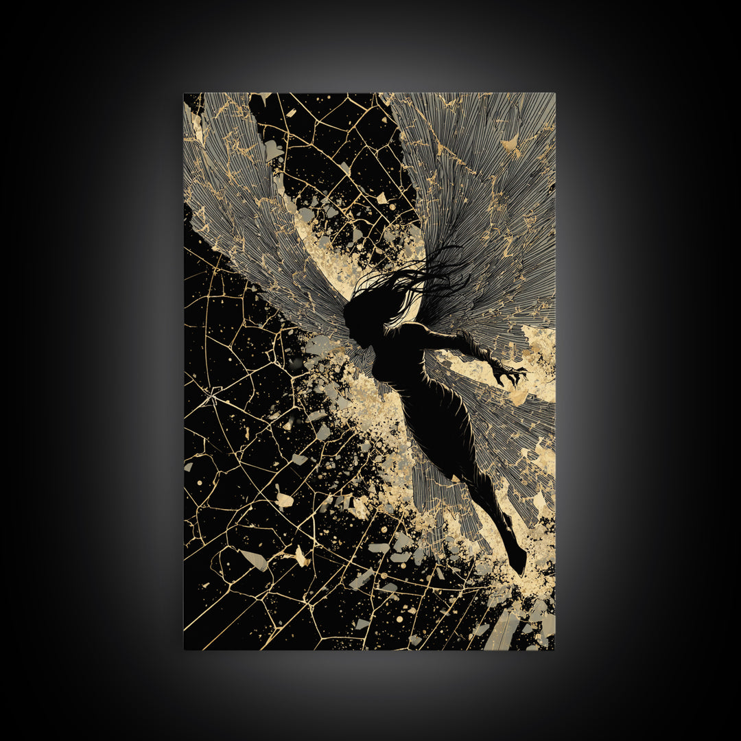 Valkyrie Warrior Canvas Gold Art Nordic Mythology Canvas Art for Office or Man Cave, framed in natural wood for bold style