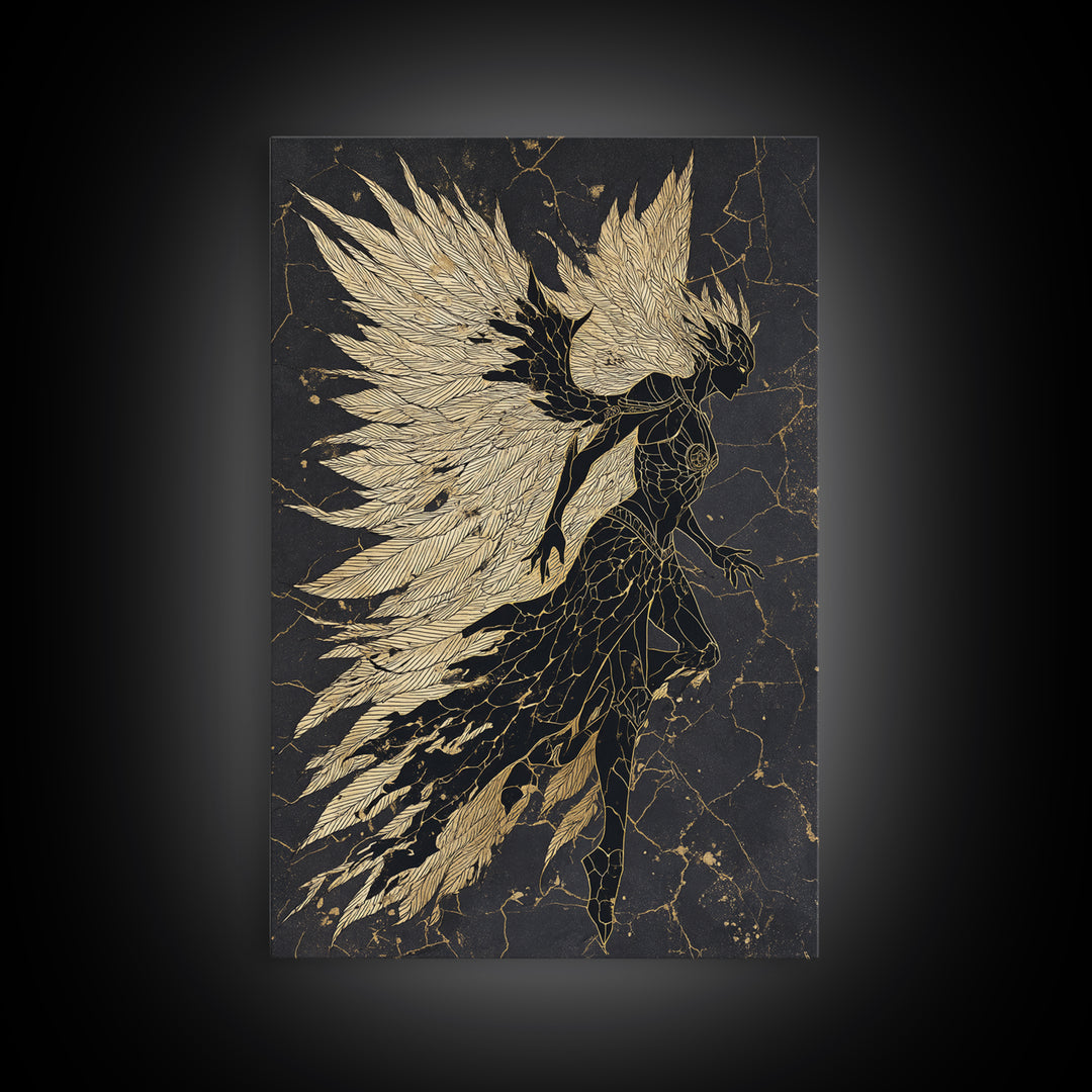 Valkyrie Warrior Canvas Gold Art Canvas Art, Norse Mythology Female Guardian Wall Art for Office Decor Dad Gift, with wood frame