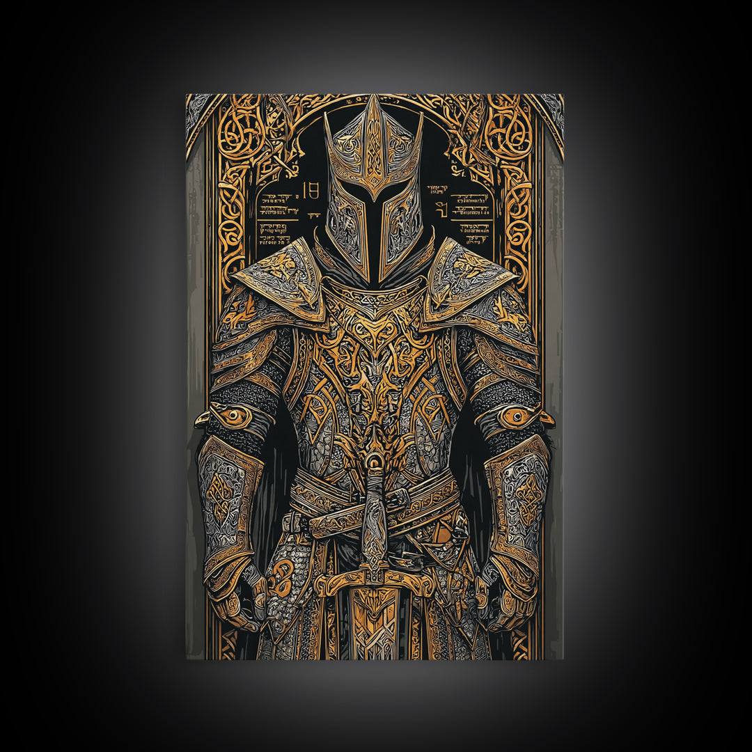Nordic Knight Armor Canvas Gold Art, Mythology Canvas Art Perfect for Man Cave Wall Decor, framed with handcrafted real wood