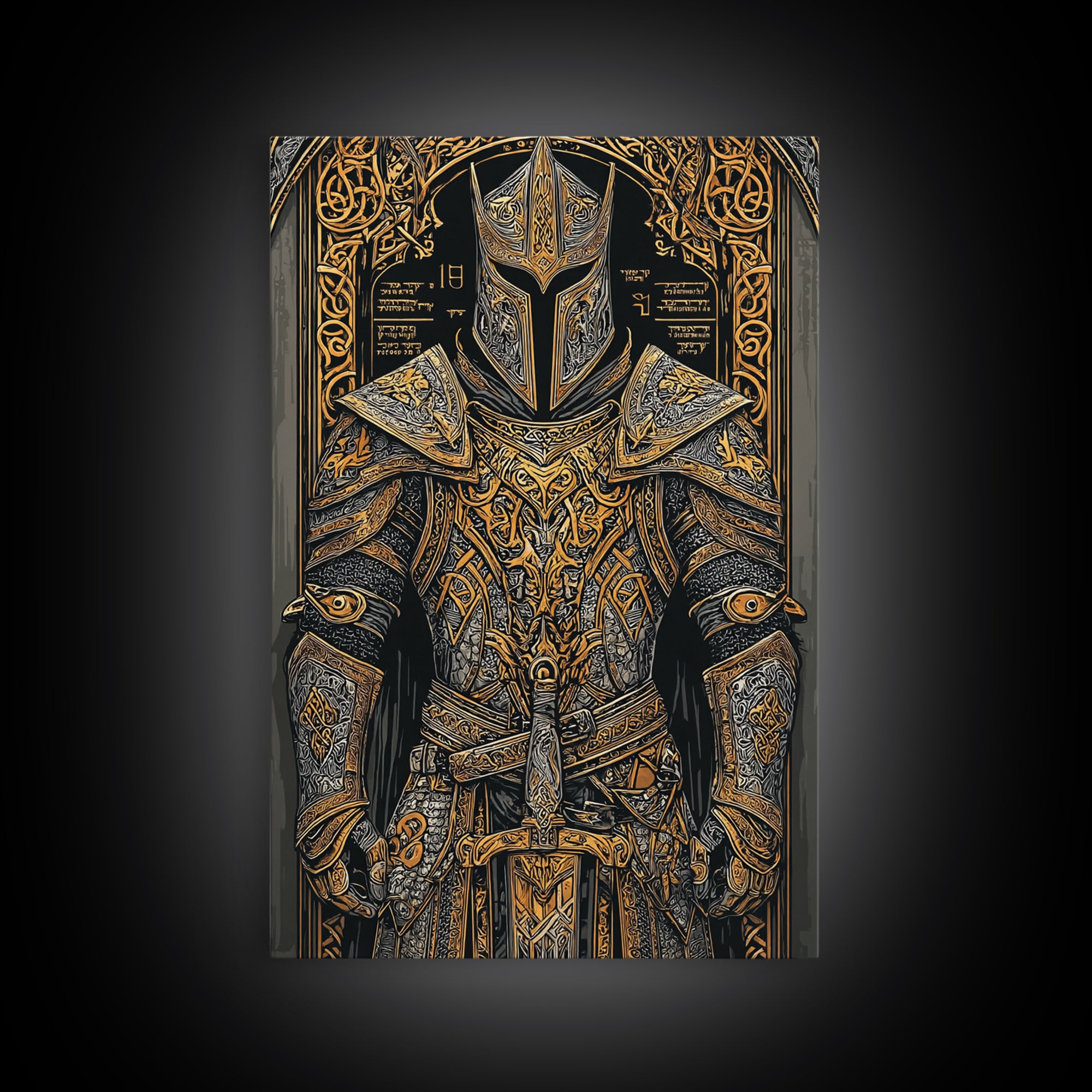 Nordic Knight Armor Canvas Gold Art, Mythology Canvas Art Perfect for Man Cave Wall Decor, framed with handcrafted real wood