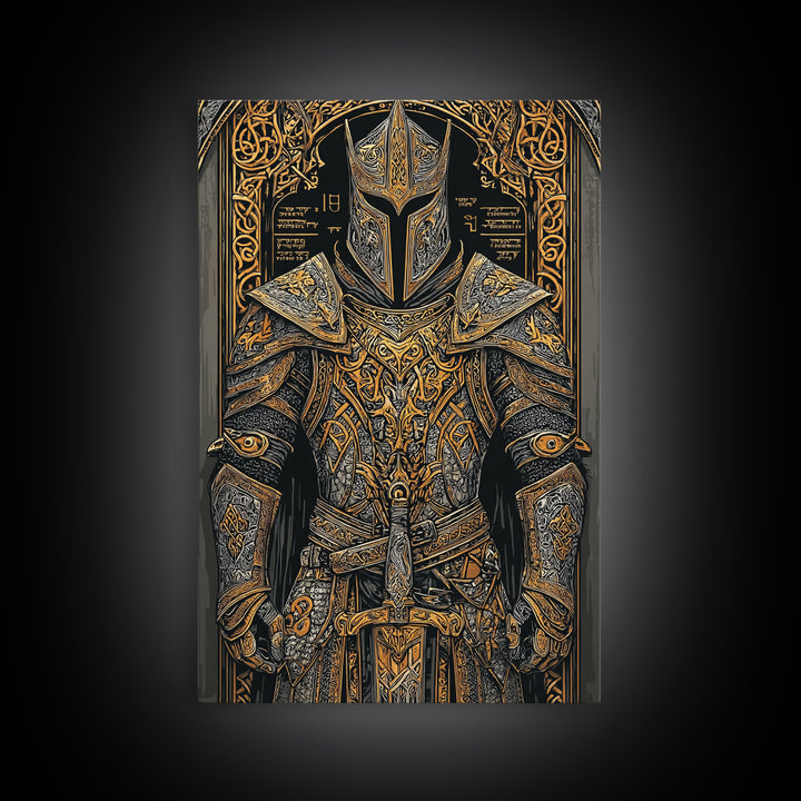 Nordic Knight Armor Canvas Gold Art, Mythology Canvas Art Perfect for Man Cave Wall Decor, framed with handcrafted real wood