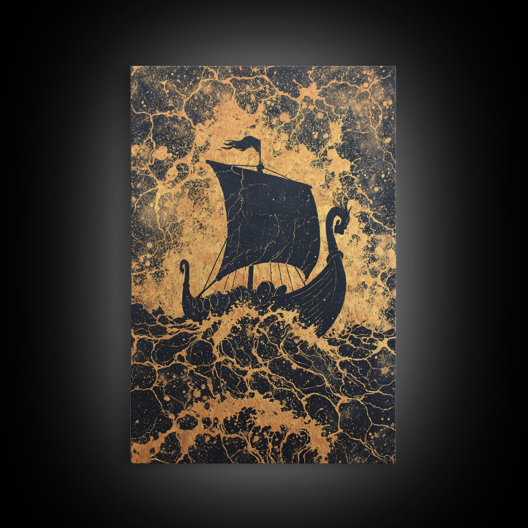 Bull Skull Nordic Totem Canvas Gold Art, Viking Canvas Art with Mythology Detail, unique office decor framed in solid wood