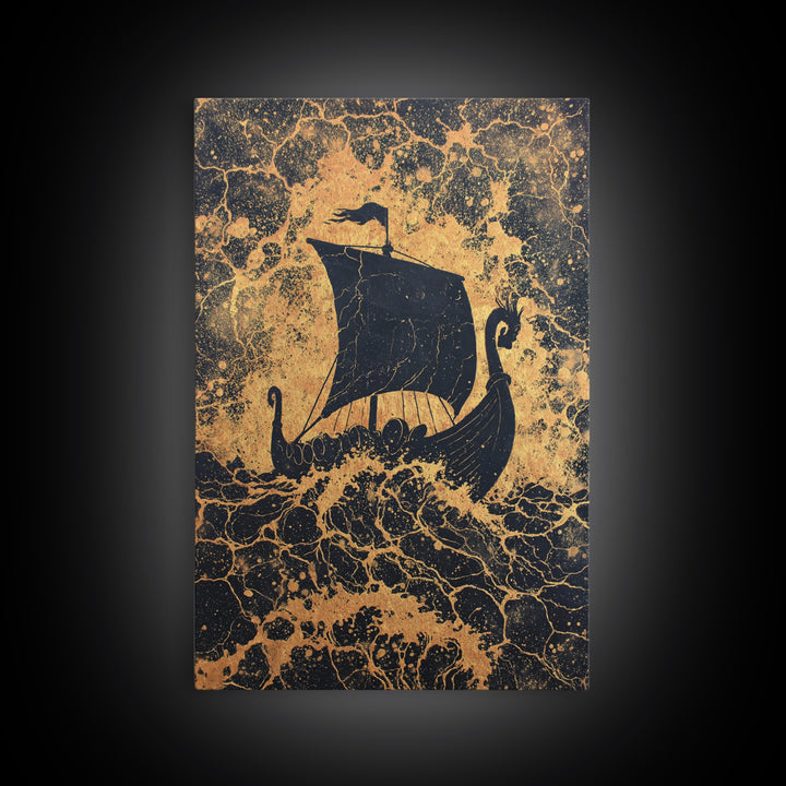 Bull Skull Nordic Totem Canvas Gold Art, Viking Canvas Art with Mythology Detail, unique office decor framed in solid wood