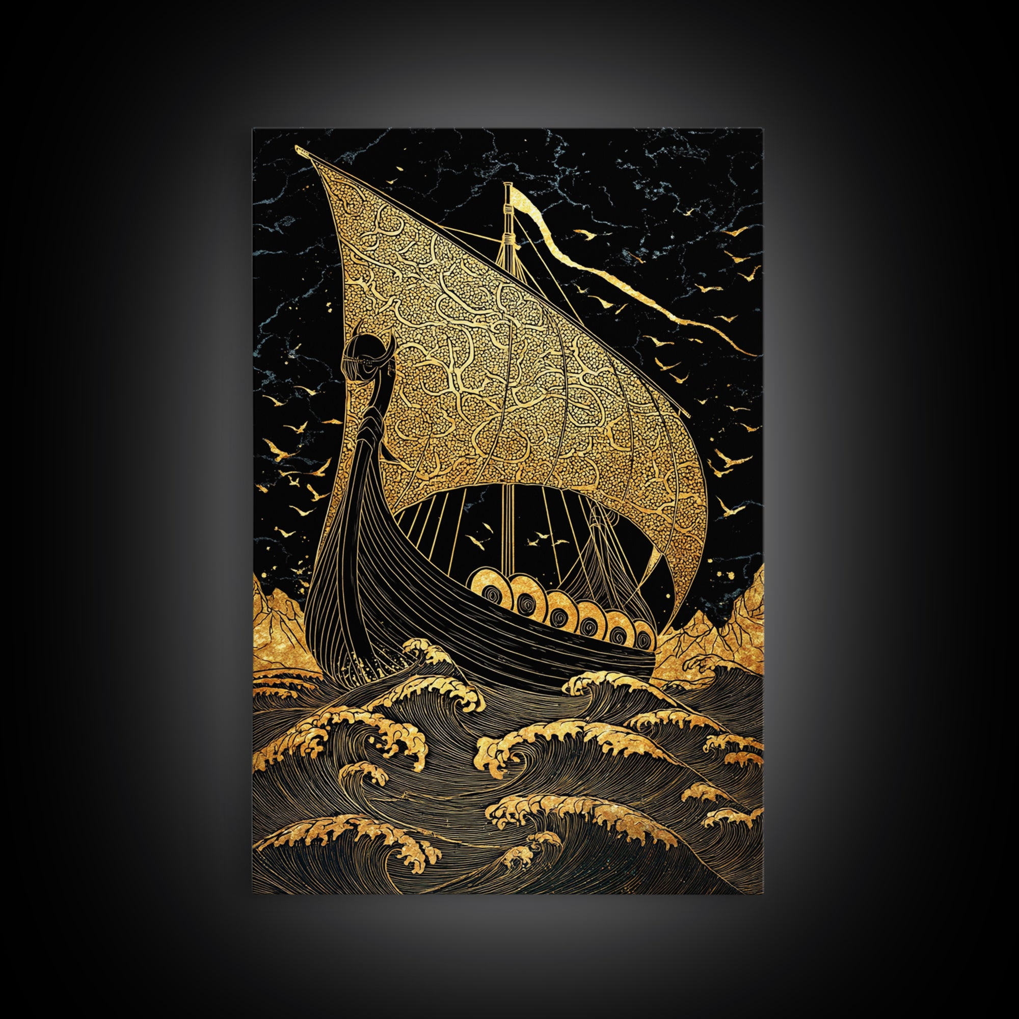Viking Horned Helmet Canvas Gold Art, Norse Mythology Canvas Art Wall Decor for Dad Gift or Office, framed with real wood finish