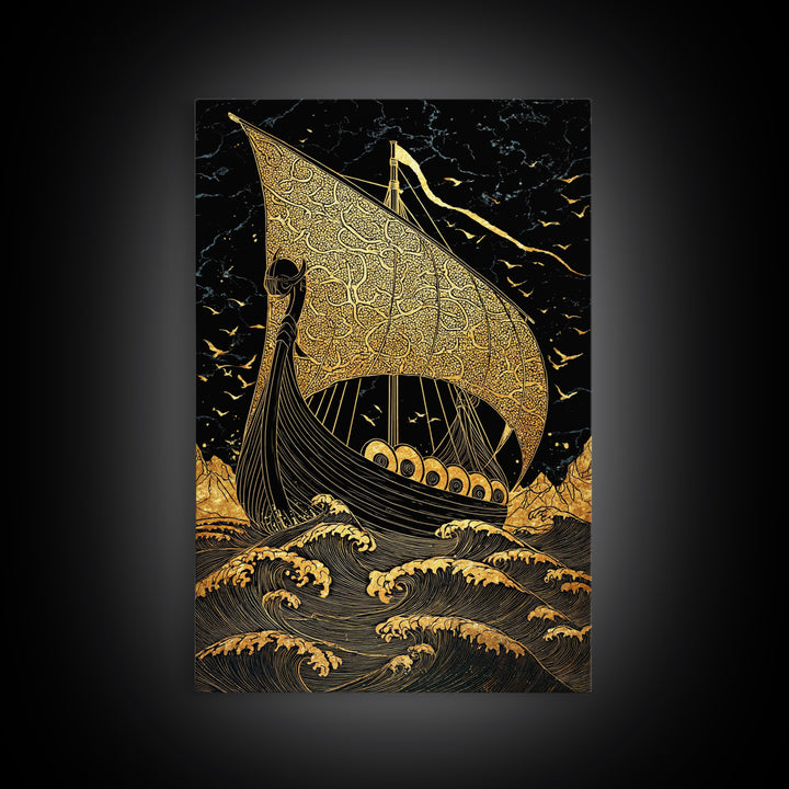 Viking Horned Helmet Canvas Gold Art, Norse Mythology Canvas Art Wall Decor for Dad Gift or Office, framed with real wood finish