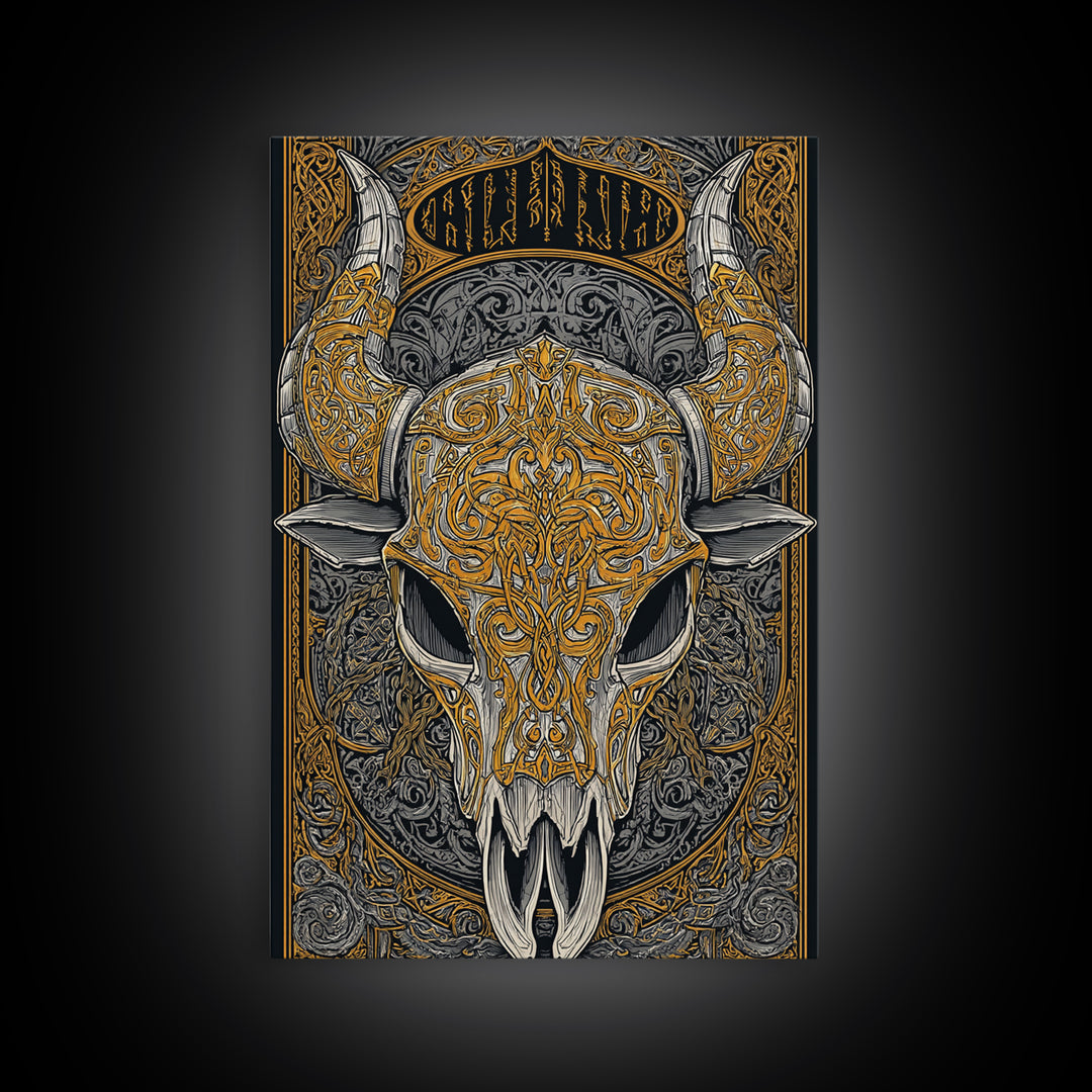 Rune Stone Canvas Gold Art, Ancient Viking Mythology Canvas Art Perfect for Office or Dad Gift, framed with handcrafted wood
