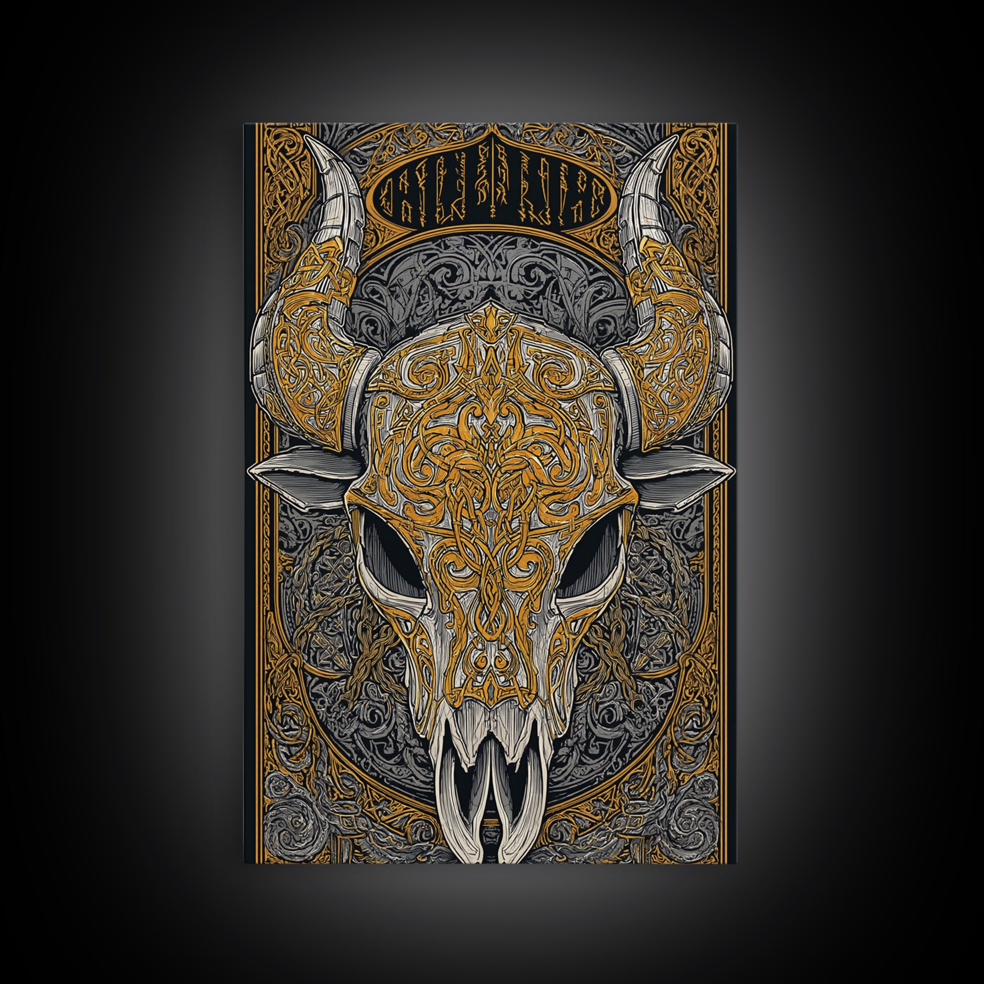 Rune Stone Canvas Gold Art, Ancient Viking Mythology Canvas Art Perfect for Office or Dad Gift, framed with handcrafted wood