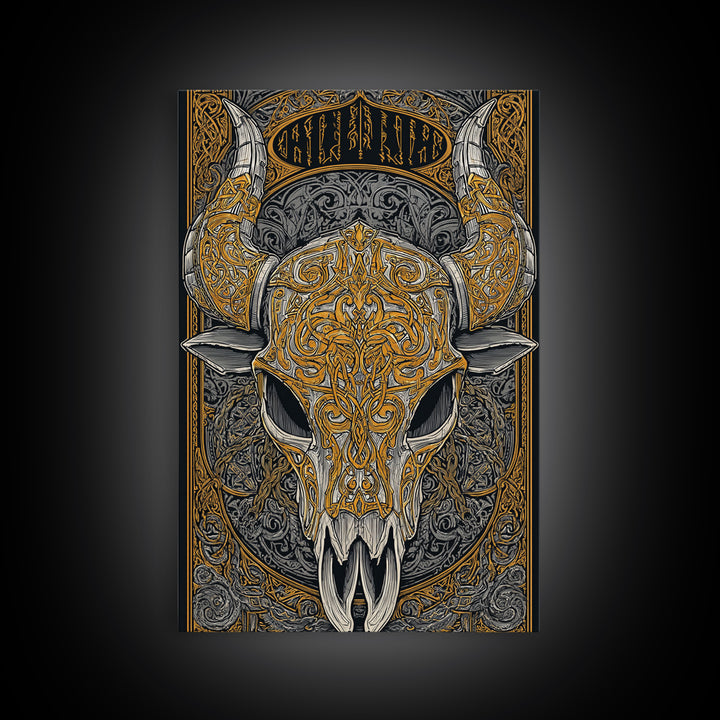 Rune Stone Canvas Gold Art, Ancient Viking Mythology Canvas Art Perfect for Office or Dad Gift, framed with handcrafted wood