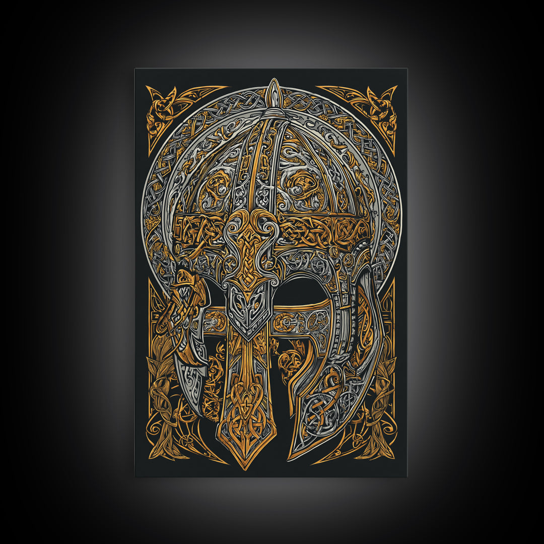 Viking Funeral Ship Canvas Gold Art, Norse Mythology Canvas Art Wall Decor for Man Cave or Office, framed in natural wood