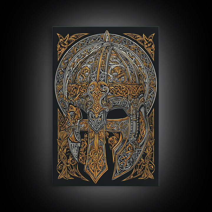 Viking Funeral Ship Canvas Gold Art, Norse Mythology Canvas Art Wall Decor for Man Cave or Office, framed in natural wood