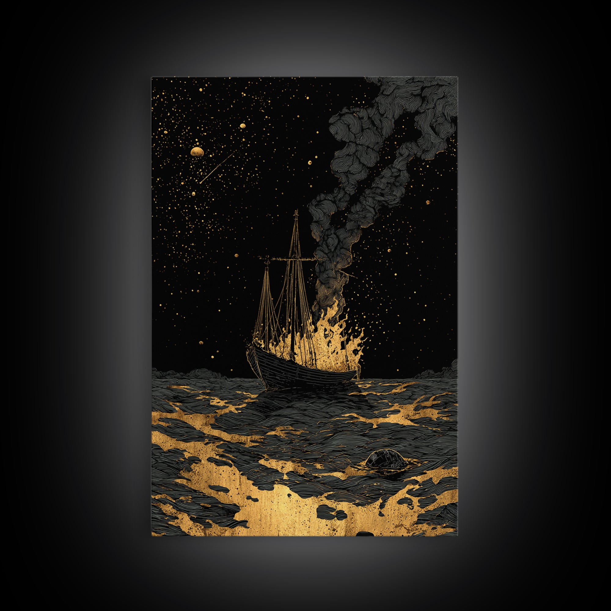 Canvas Gold Art Canvas Art Viking Ship with Dragon Sail Nordic Mythology Decor Man Cave Wall Art Dad Gift with Real Wood Frame