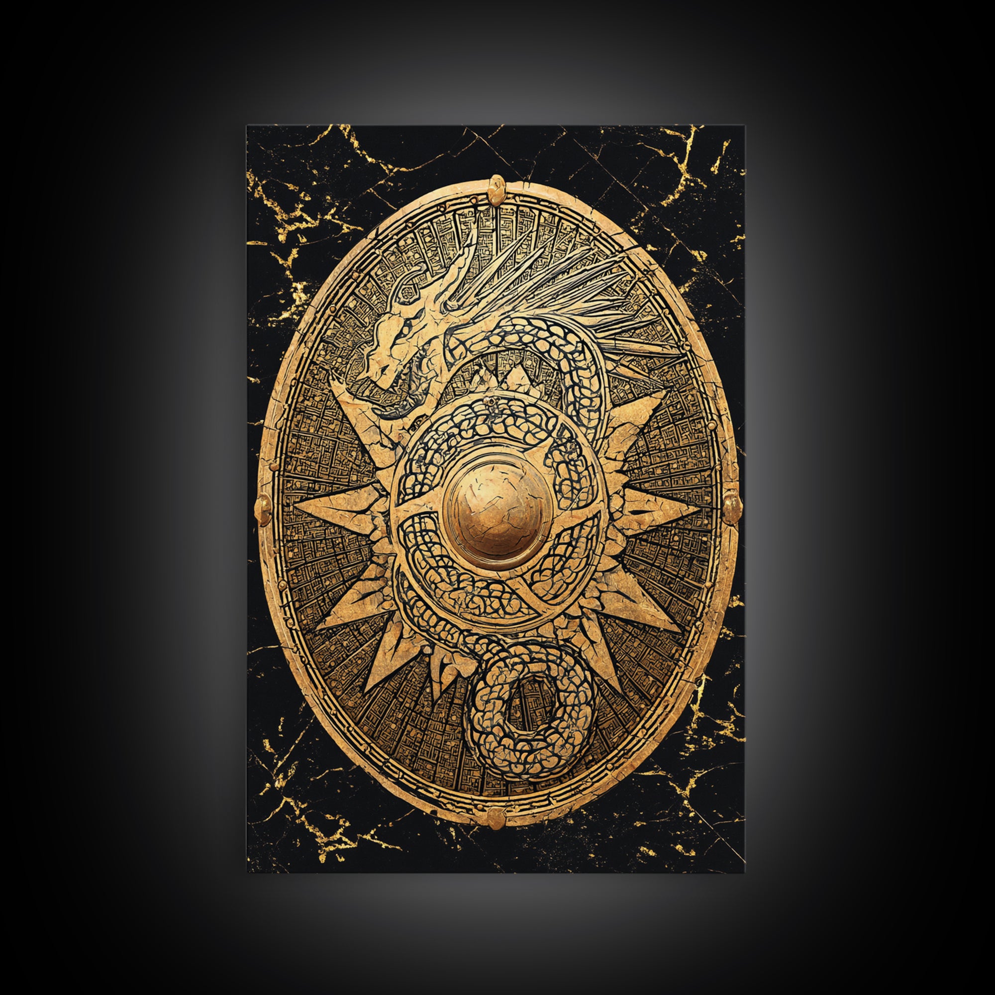 Norse Dragon Shield Canvas Gold Art, Viking Inspired Canvas Art for Men’s Office or Dad Gift, crafted with real wood frame