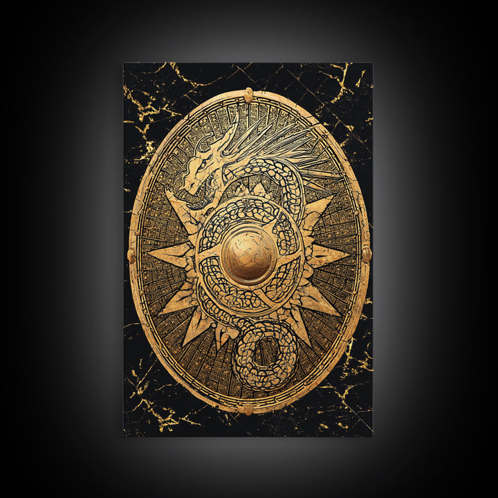 Norse Dragon Shield Canvas Gold Art, Viking Inspired Canvas Art for Men’s Office or Dad Gift, crafted with real wood frame