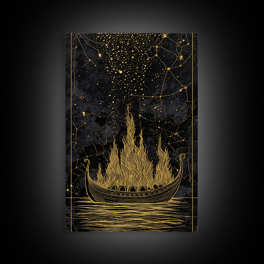 Burning Viking Funeral Ship Canvas Gold Art Canvas Art Norse Mythology Wall Art Nordic Decor Man Cave Piece with Real Wood Frame