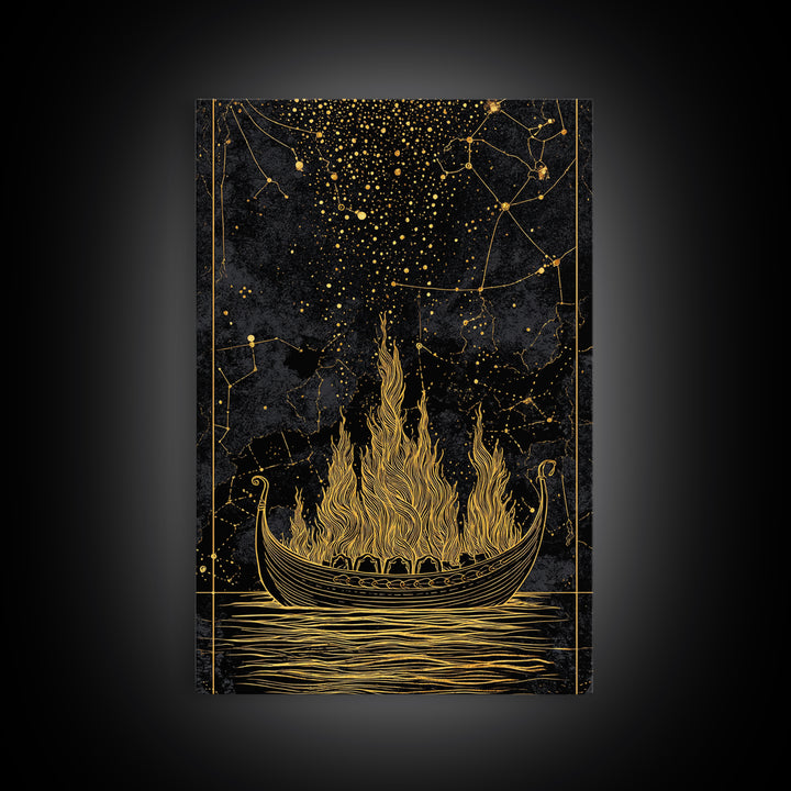 Burning Viking Funeral Ship Canvas Gold Art Canvas Art Norse Mythology Wall Art Nordic Decor Man Cave Piece with Real Wood Frame