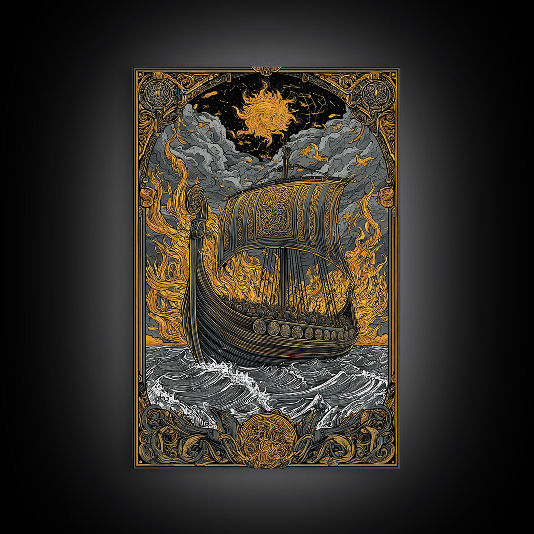 Canvas Art Canvas Gold Art Viking Ship in Flames Norse Funeral Pyre Nordic Mythology Decor Office or Man Cave Framed in Real Wood