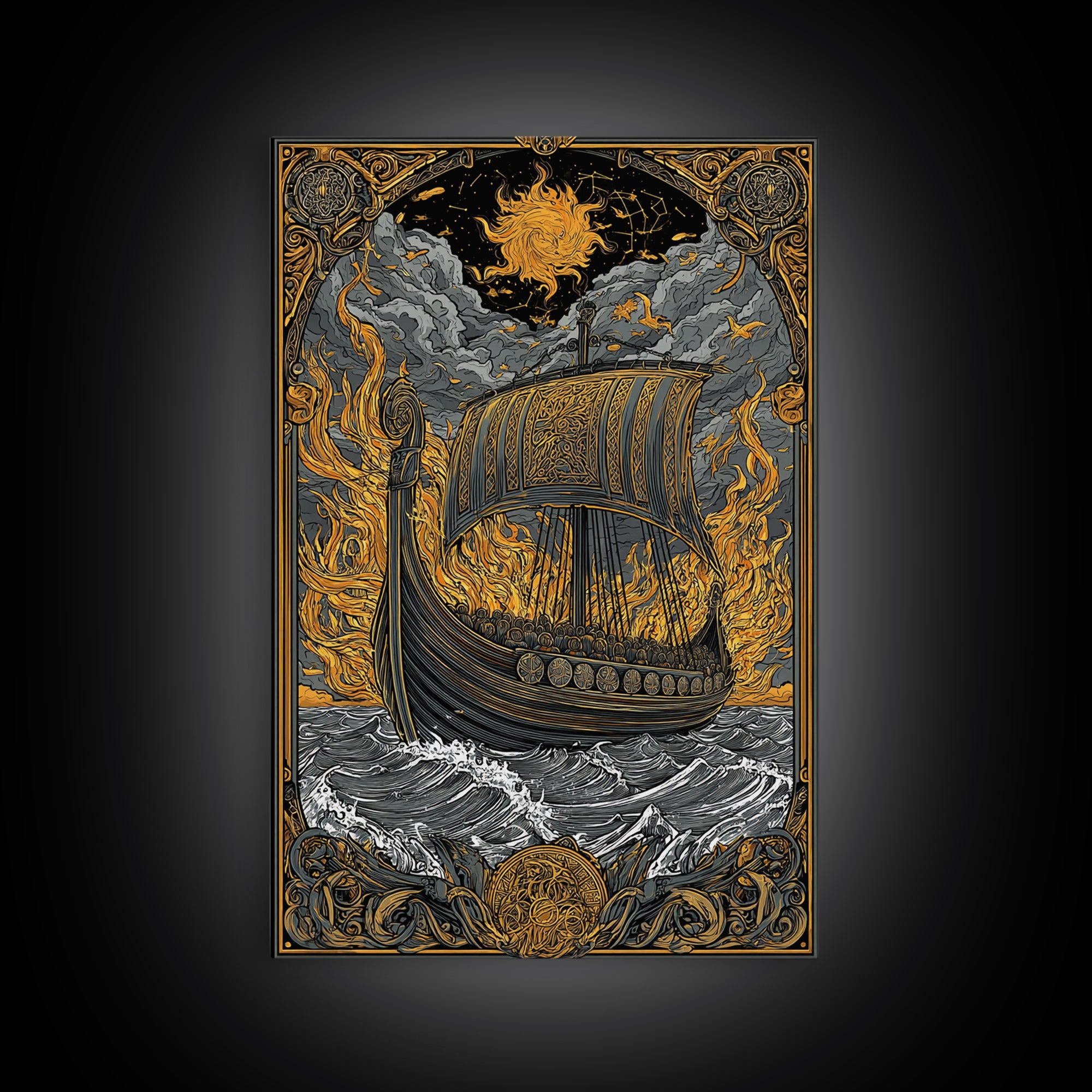 Canvas Art Canvas Gold Art Viking Ship in Flames Norse Funeral Pyre Nordic Mythology Decor Office or Man Cave Framed in Real Wood