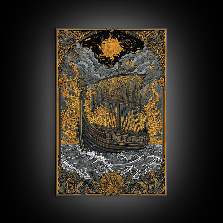 Canvas Art Canvas Gold Art Viking Ship in Flames Norse Funeral Pyre Nordic Mythology Decor Office or Man Cave Framed in Real Wood