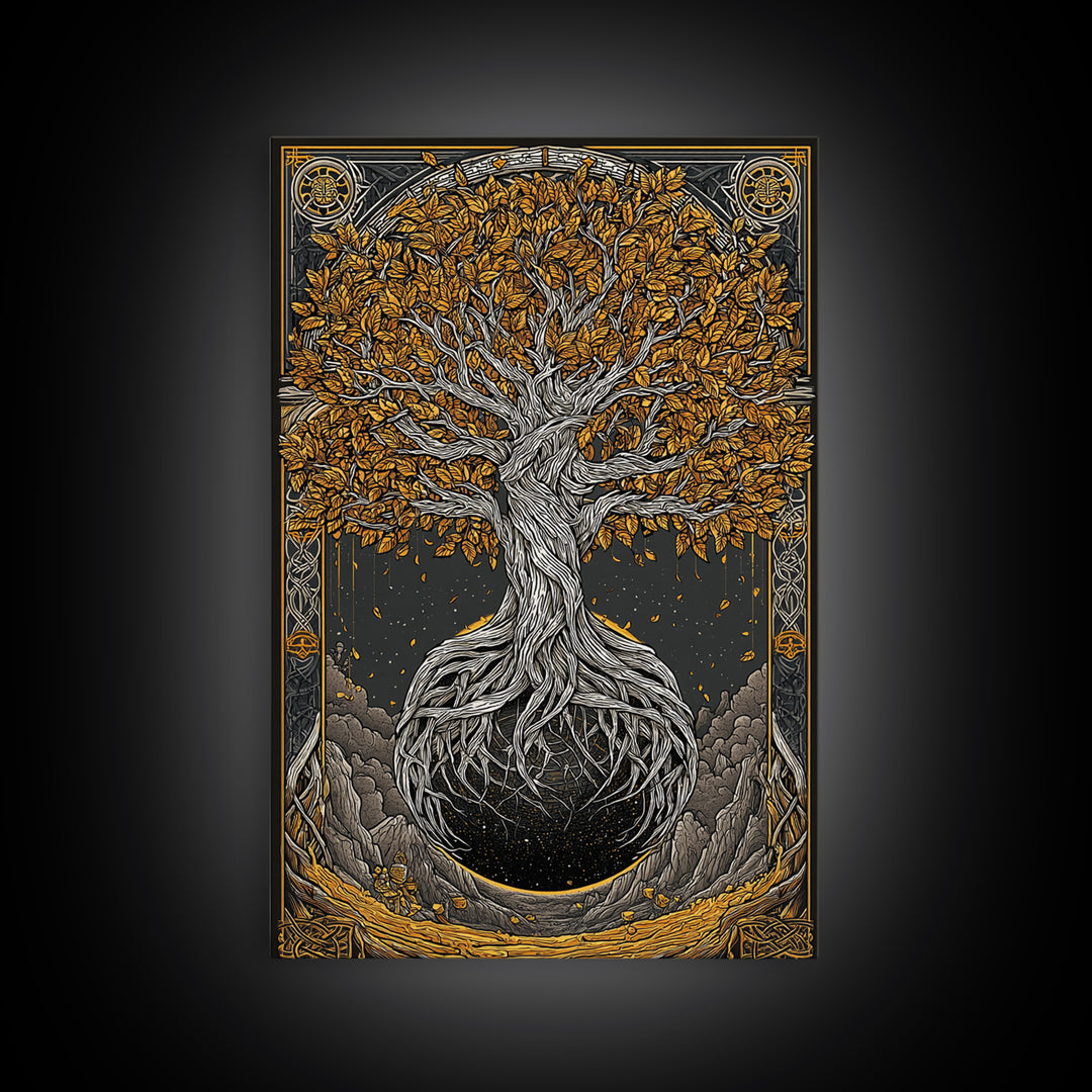 Canvas Gold Art Canvas Art Nordic World Tree Yggdrasil Norse Mythology Decor Viking Wall Art Man Cave Office Art with Real Wood Frame