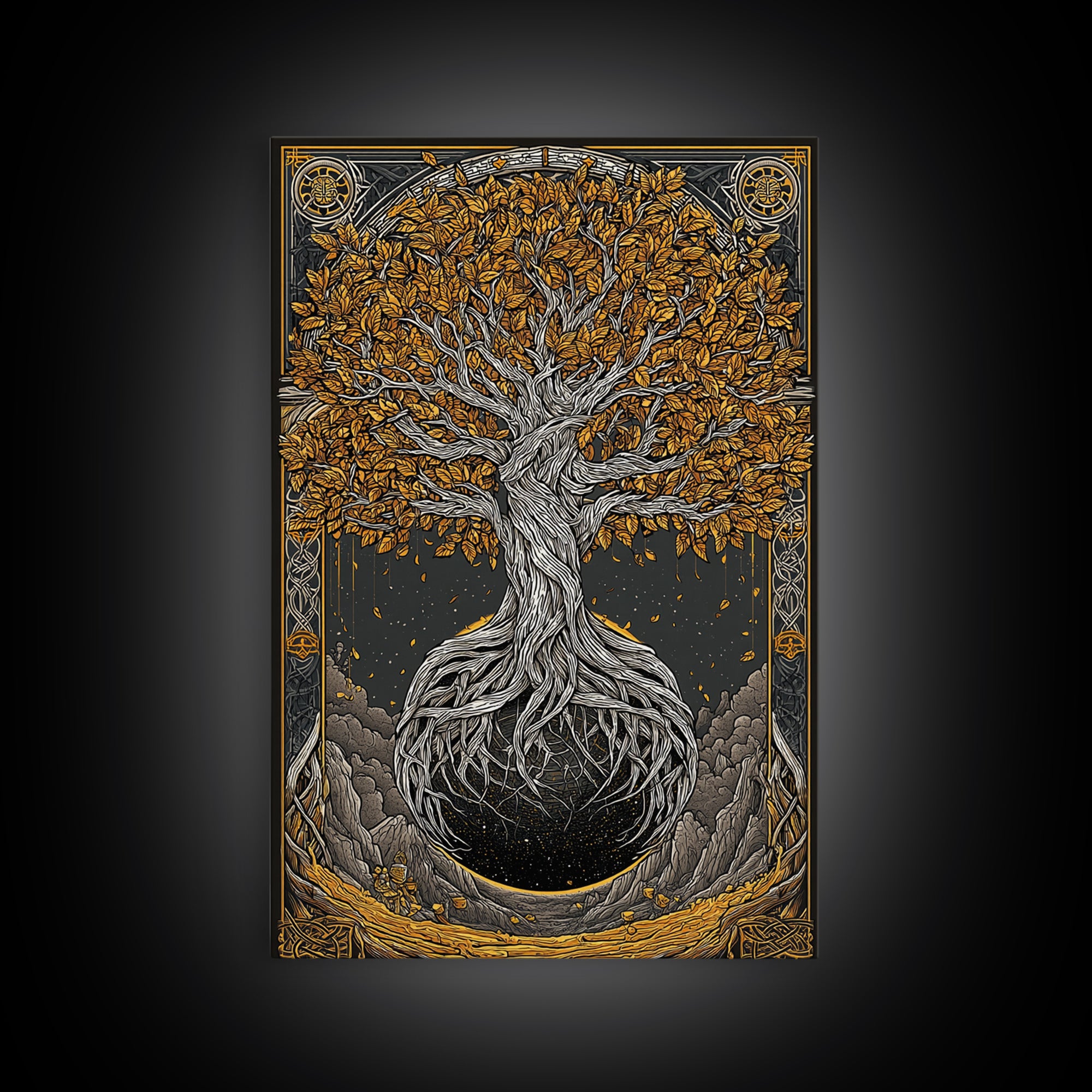 Canvas Gold Art Canvas Art Nordic World Tree Yggdrasil Norse Mythology Decor Viking Wall Art Man Cave Office Art with Real Wood Frame