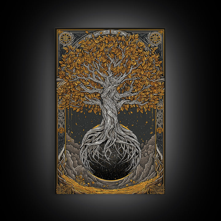 Canvas Gold Art Canvas Art Nordic World Tree Yggdrasil Norse Mythology Decor Viking Wall Art Man Cave Office Art with Real Wood Frame