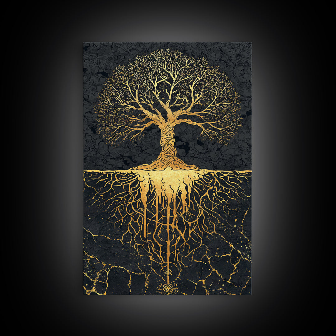 Norse Mythology Yggdrasil Tree Canvas Gold Art Canvas Art Viking Decor Wall Art Nordic Symbolism Dad Gift Framed in Solid Wood