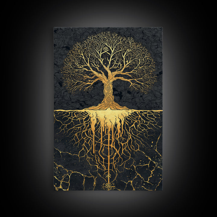 Norse Mythology Yggdrasil Tree Canvas Gold Art Canvas Art Viking Decor Wall Art Nordic Symbolism Dad Gift Framed in Solid Wood