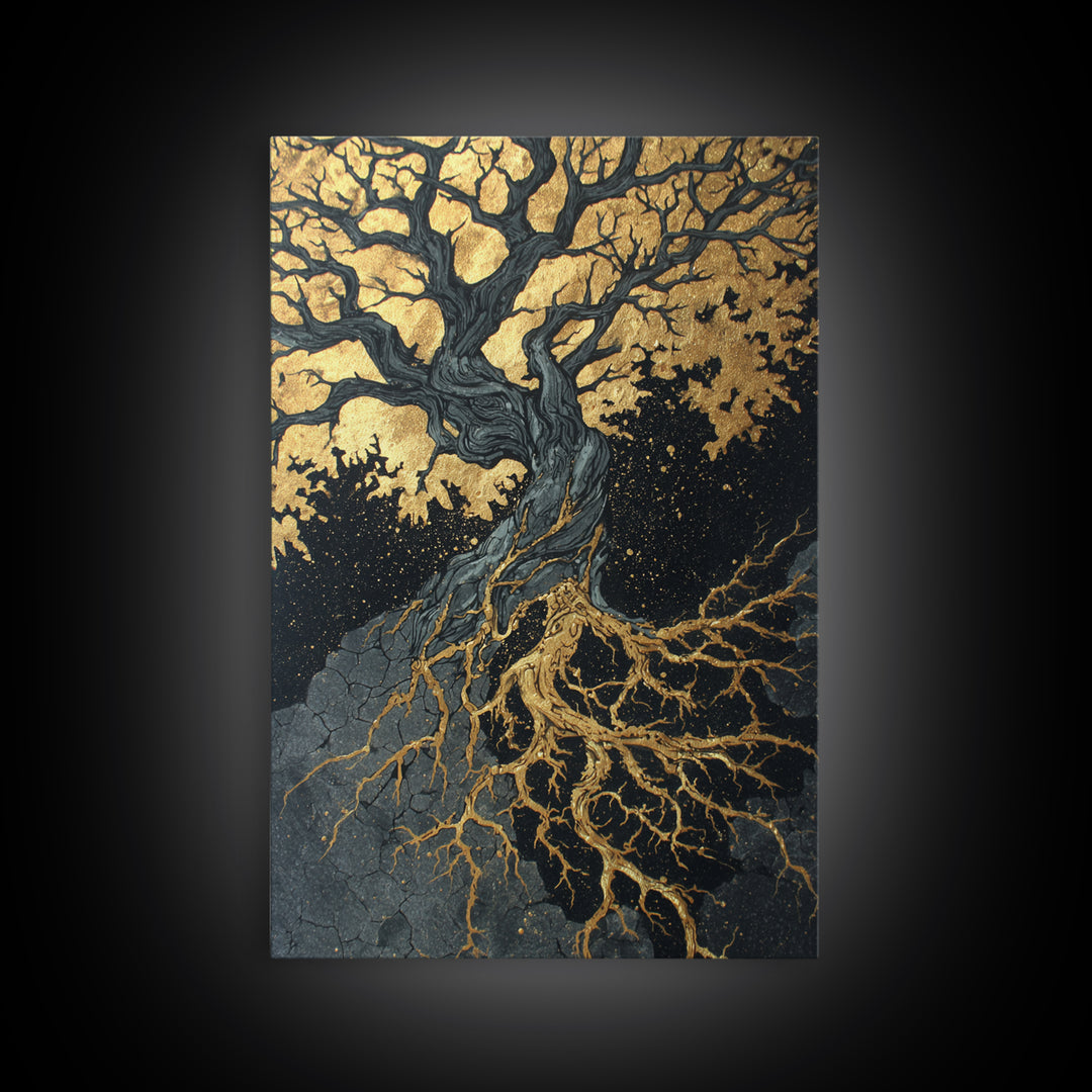 Canvas Gold Art Canvas Art Yggdrasil Tree of Life Norse Mythology Decor Viking Wall Art Nordic Office or Man Cave in Wood Frame