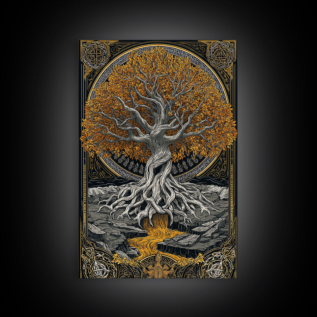 Nordic Yggdrasil Wall Decor Canvas Gold Art Canvas Art Norse Mythology Tree of Life Viking Style Office Art Framed in Real Wood