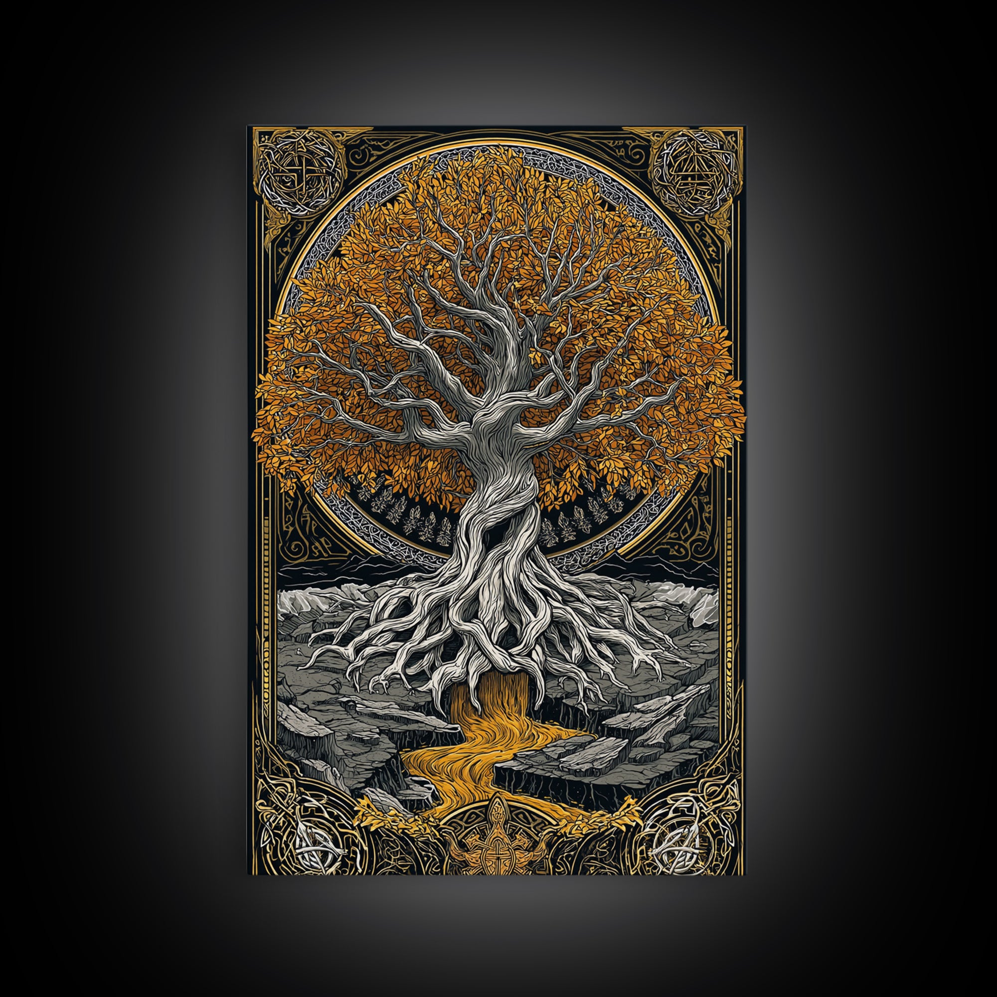 Nordic Yggdrasil Wall Decor Canvas Gold Art Canvas Art Norse Mythology Tree of Life Viking Style Office Art Framed in Real Wood