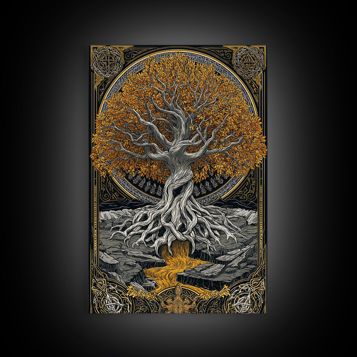 Nordic Yggdrasil Wall Decor Canvas Gold Art Canvas Art Norse Mythology Tree of Life Viking Style Office Art Framed in Real Wood