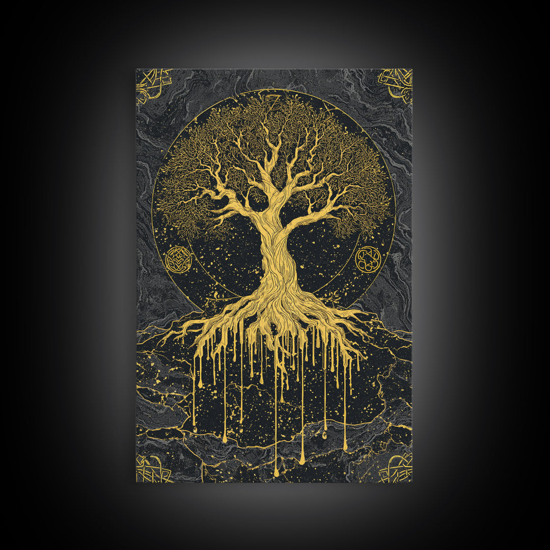 Yggdrasil Canvas Gold Art Canvas Art | Norse World Tree Design Framed in Natural Wood | Nordic Mythology Office & Man Cave Decor
