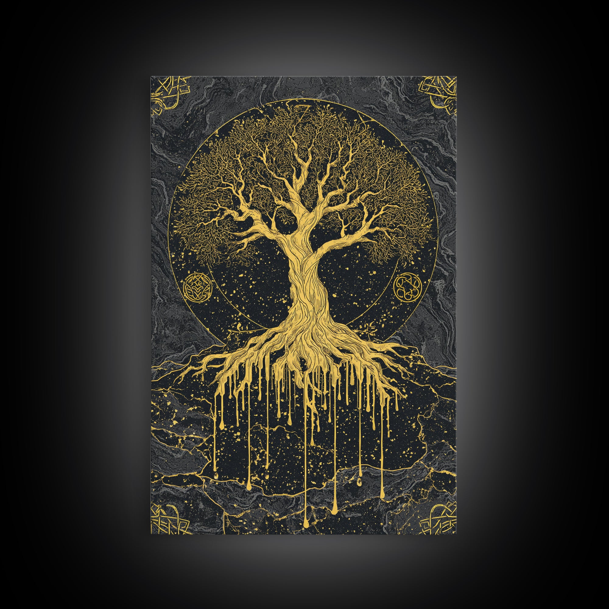 Yggdrasil Canvas Gold Art Canvas Art | Norse World Tree Design Framed in Natural Wood | Nordic Mythology Office & Man Cave Decor