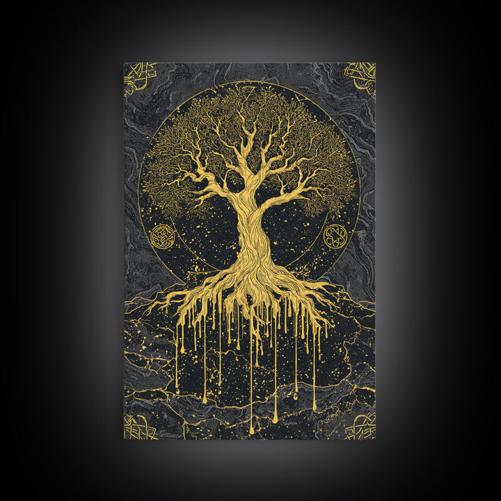 Yggdrasil Canvas Gold Art Canvas Art | Norse World Tree Design Framed in Natural Wood | Nordic Mythology Office & Man Cave Decor
