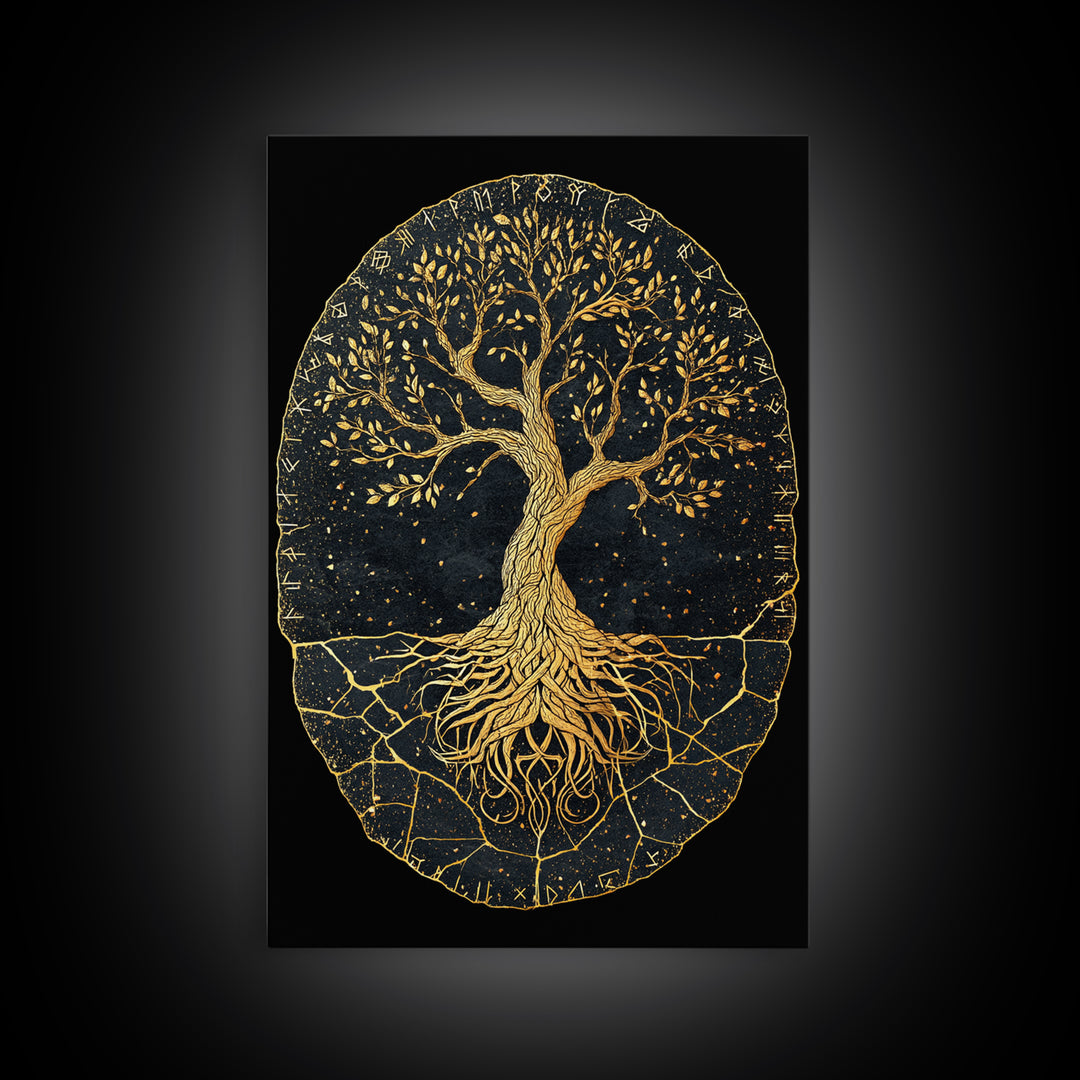 Yggdrasil Norse World Tree Canvas Gold Art Canvas Art Viking Mythology Wall Art Nordic Decor Dad Gift Framed with Natural Wood