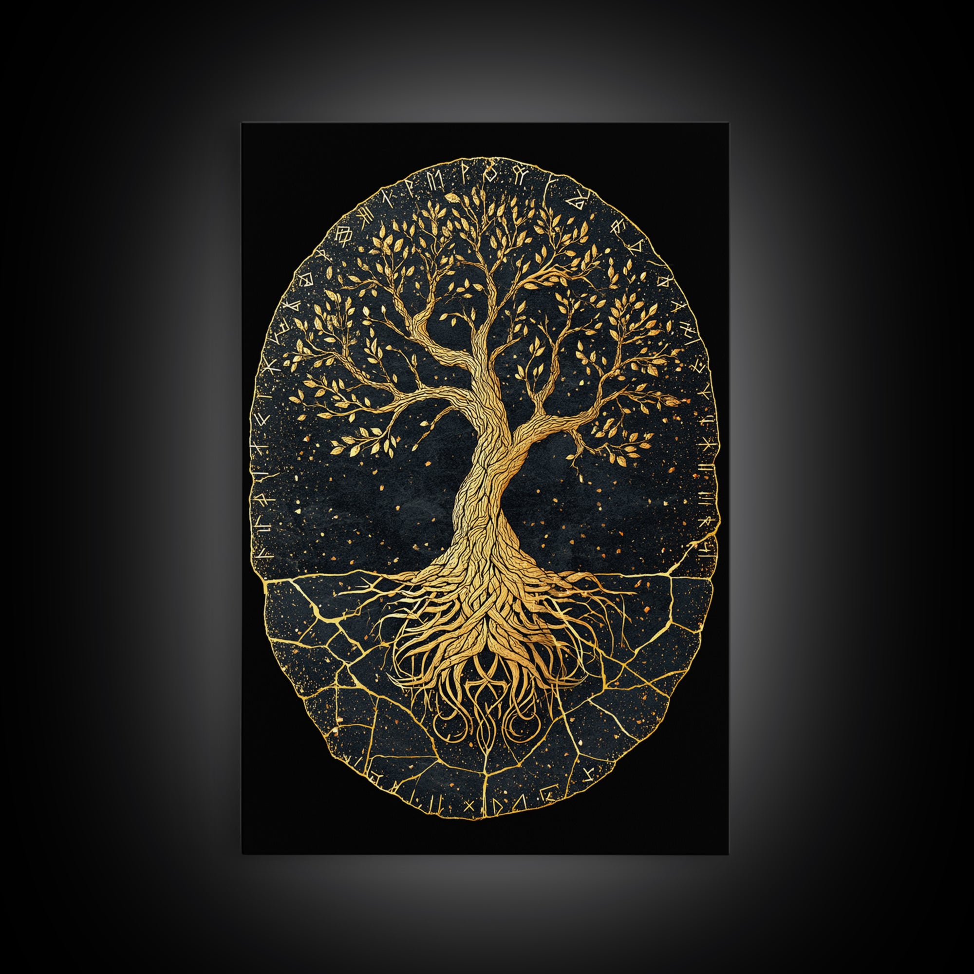 Yggdrasil Norse World Tree Canvas Gold Art Canvas Art Viking Mythology Wall Art Nordic Decor Dad Gift Framed with Natural Wood