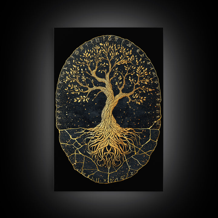 Yggdrasil Norse World Tree Canvas Gold Art Canvas Art Viking Mythology Wall Art Nordic Decor Dad Gift Framed with Natural Wood