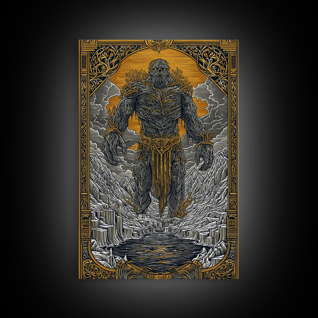 Canvas Gold Art Canvas Art of Ymir | Norse Mythology Wall Art with Natural Wood Frame | Viking Decor for Office, Study, or Man Cave