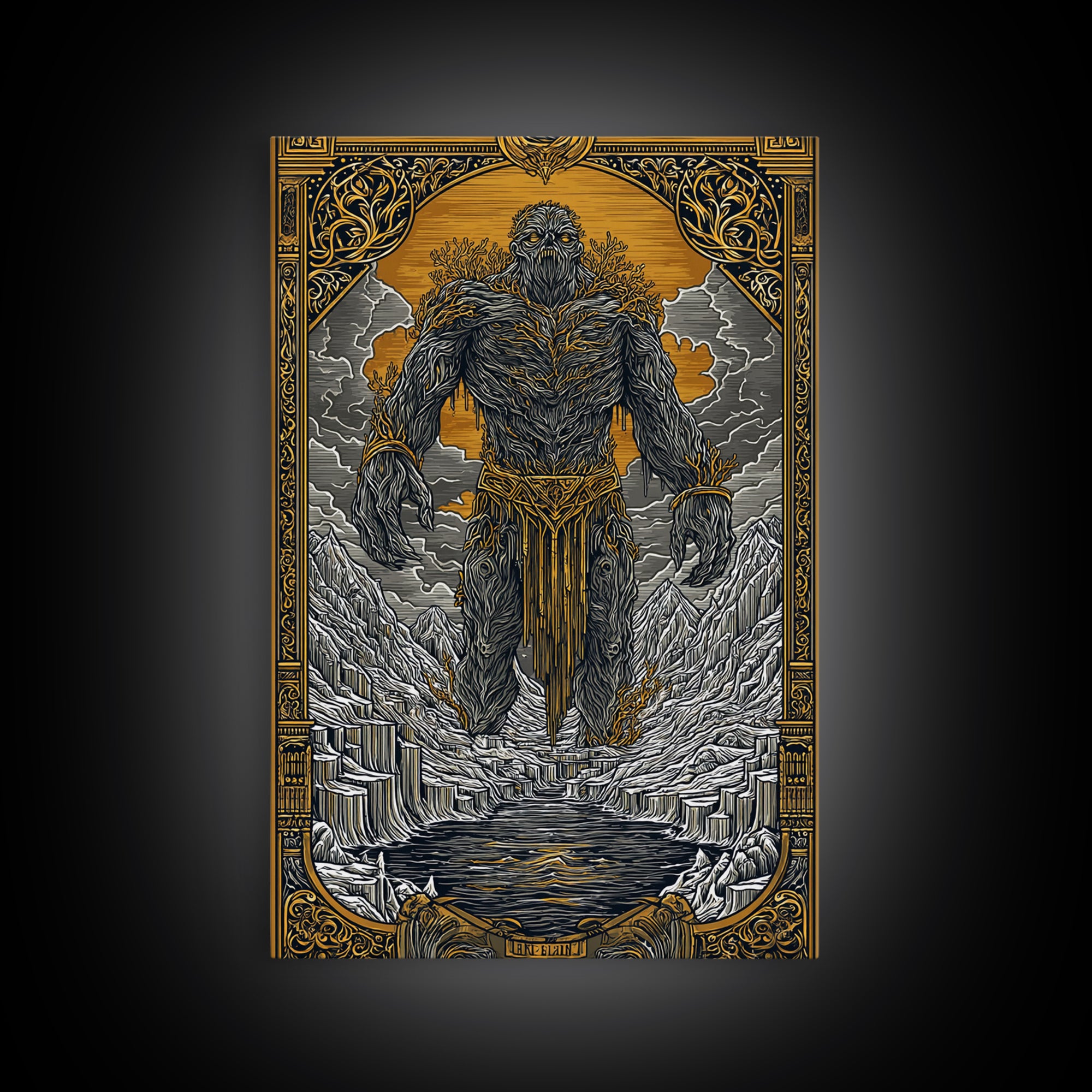 Canvas Gold Art Canvas Art of Ymir | Norse Mythology Wall Art with Natural Wood Frame | Viking Decor for Office, Study, or Man Cave