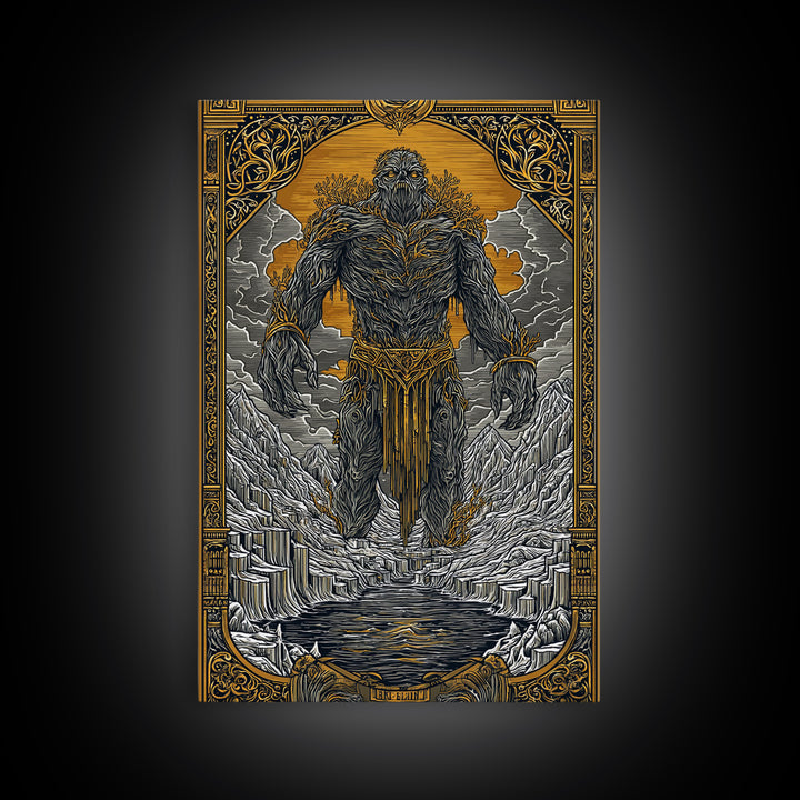 Canvas Gold Art Canvas Art of Ymir | Norse Mythology Wall Art with Natural Wood Frame | Viking Decor for Office, Study, or Man Cave