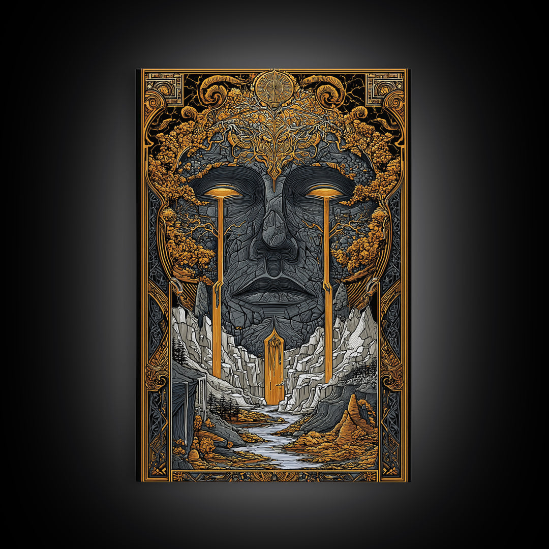 Nordic Mythology Canvas Gold Art Canvas Art | Yggdrasil Tree of Life Wall Art with Real Wood Frame | Viking Office & Dad Gift