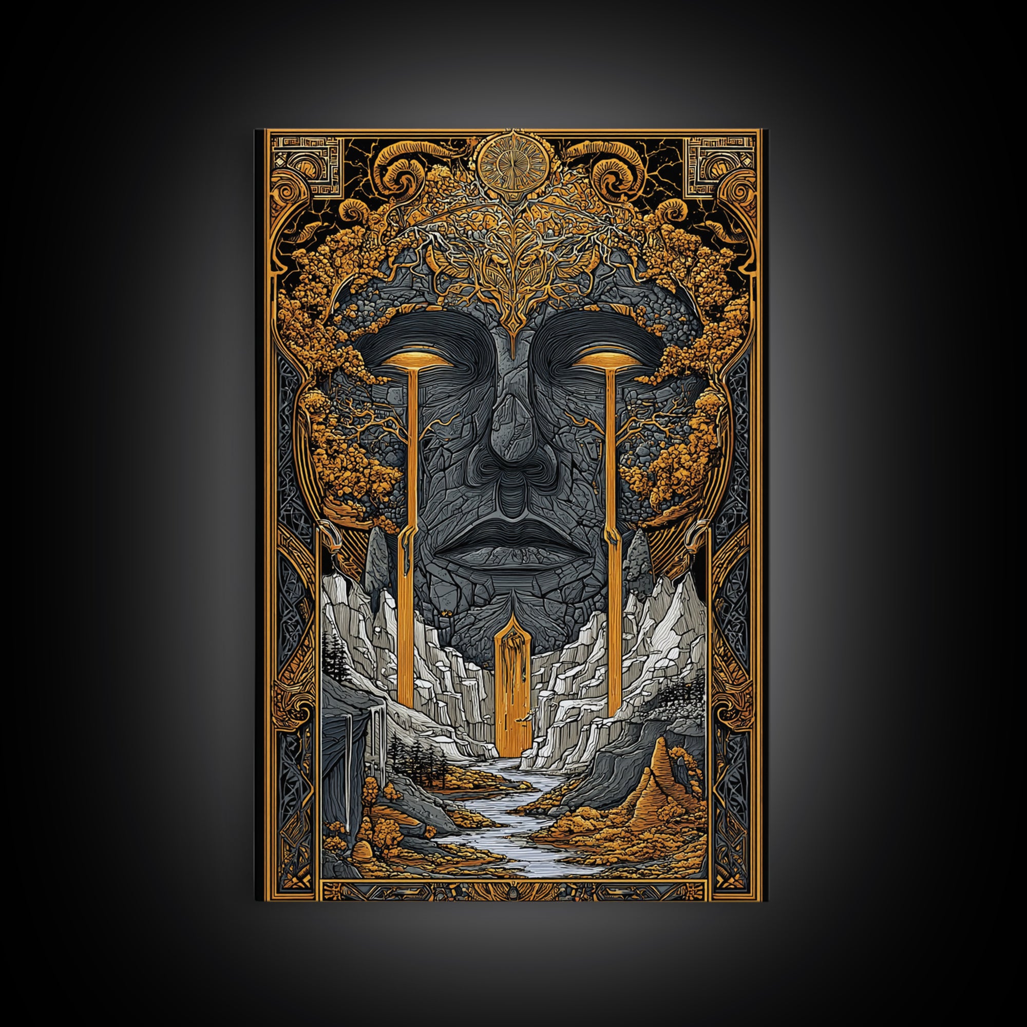 Nordic Mythology Canvas Gold Art Canvas Art | Yggdrasil Tree of Life Wall Art with Real Wood Frame | Viking Office & Dad Gift