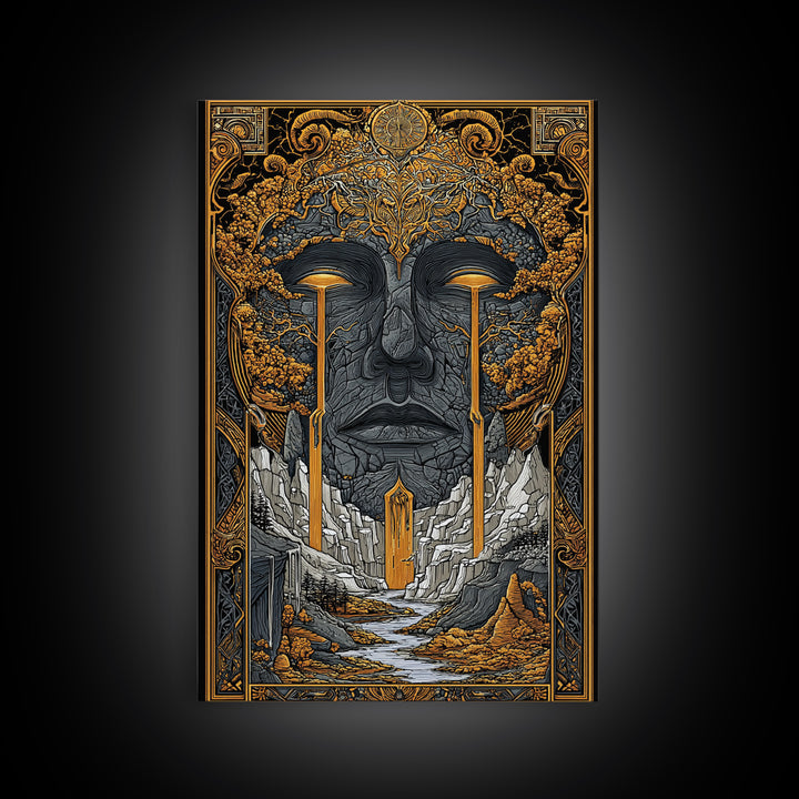 Nordic Mythology Canvas Gold Art Canvas Art | Yggdrasil Tree of Life Wall Art with Real Wood Frame | Viking Office & Dad Gift