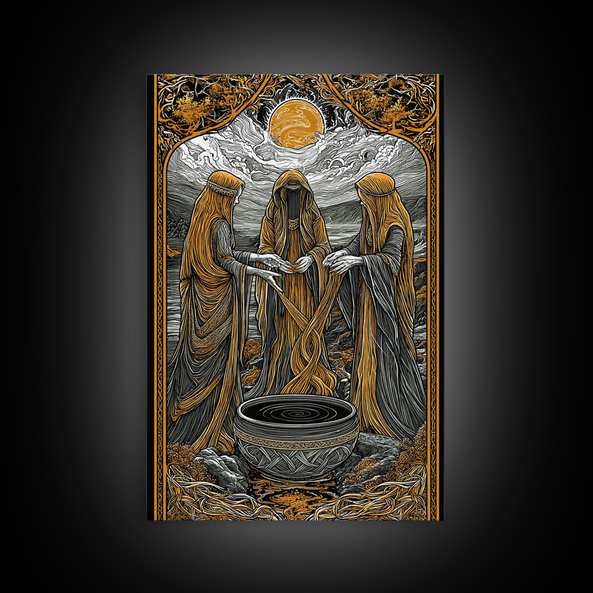 Norns Weaving Fate Canvas Gold Art, Norse Mythology Canvas Art of Urd, Verdandi, Skuld, Viking Wall Art framed in real wood