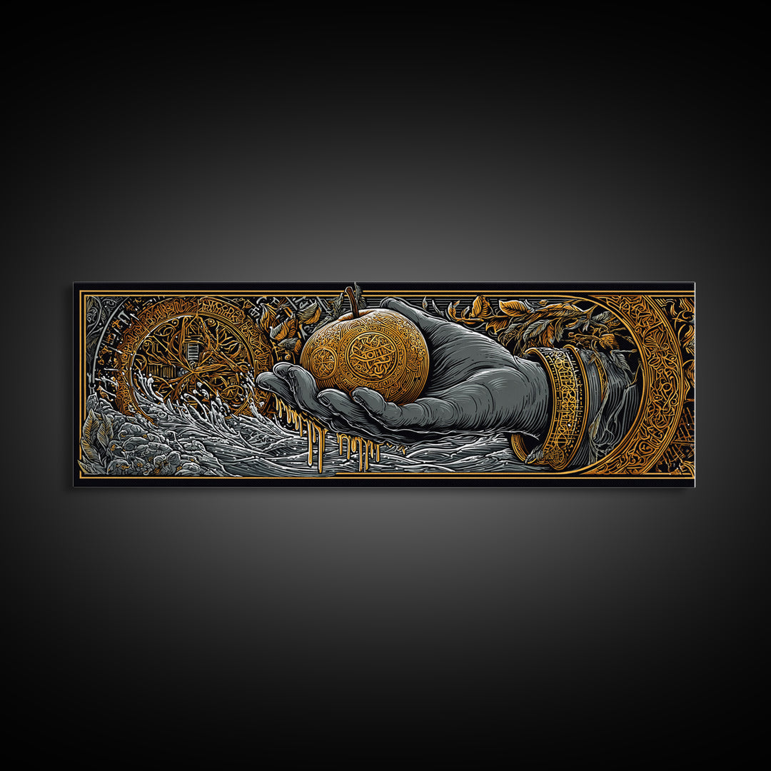 Golden Apple of Idunn Canvas Gold Art, Norse Mythology Canvas Art for Office or Man Cave, framed in natural wood, Viking Dad Gift