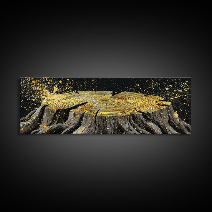 Viking Tree Stump Canvas Gold Art Nordic Mythology Canvas Art for Office or Man Cave, Norse Decor framed in real wood