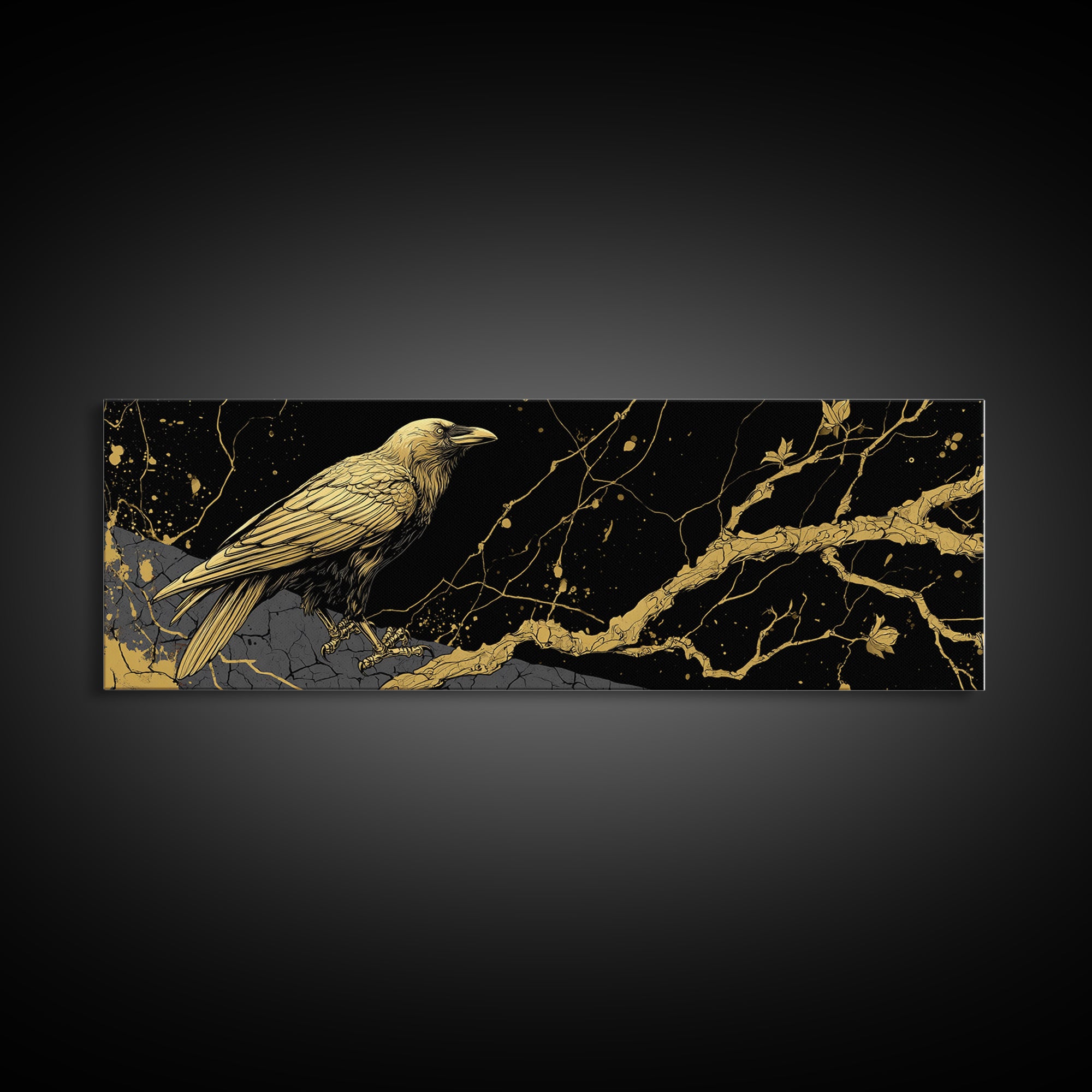 Odin’s Raven Canvas Gold Art Norse Mythology Canvas Art Viking Wall Decor with natural wood frame, Man Cave or Office Gift
